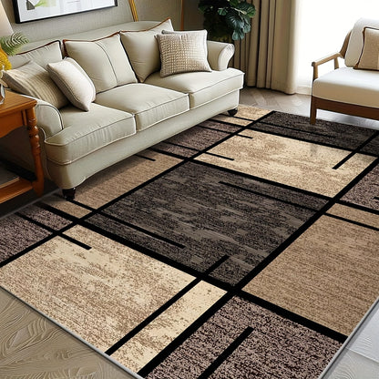Velvet Area Rug Machine Washable – 850 GSM Thick Soft Fade-Resistant Polyester Carpet with Geometric Pattern for Living Room Bedroom Office, Lightweight Non-Slip Rectangle Mat, Beige Brown