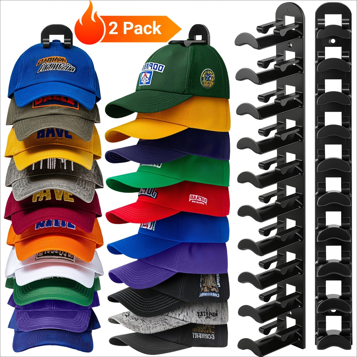 Hat Rack for Baseball Caps Wall Mounted 2 Pack – Multilayer Adhesive or Drill Mount Hat Organizer Holds Up to 20 Hats, Durable Plastic Hat Hooks for Closet Door Bedroom Wall, Black or White Hat Storage