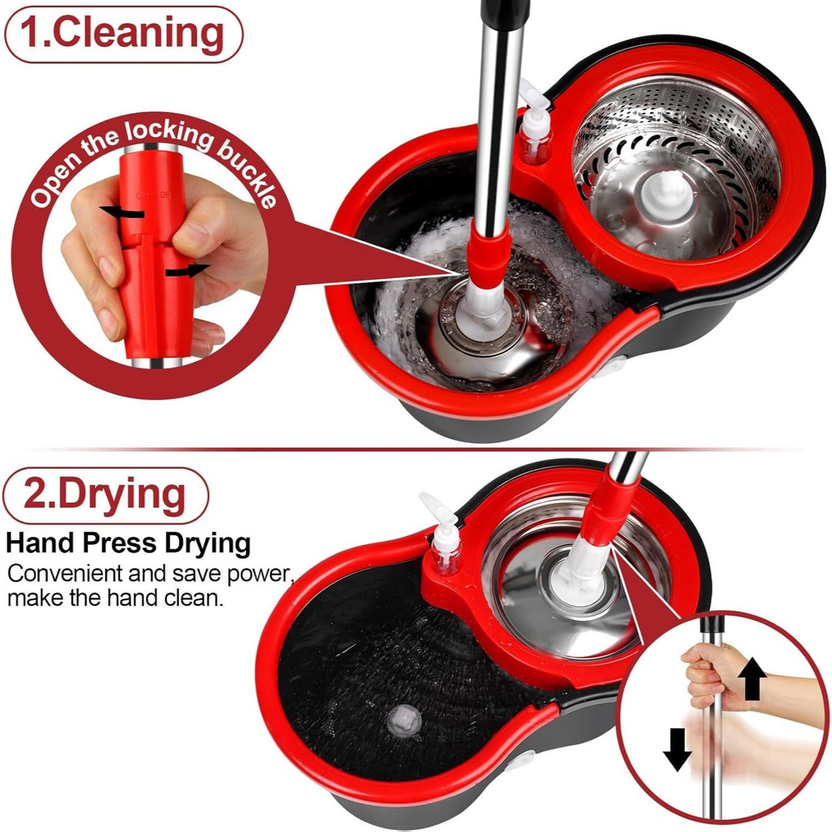 360 Spin Mop and Bucket with Wringer Set, Spinning Mop Bucket System with 4 Microfiber Replacement Mop Heads, Stainless Steel Adjustable Handle, Floor Cleaning Mop for Hardwood Tile Laminate