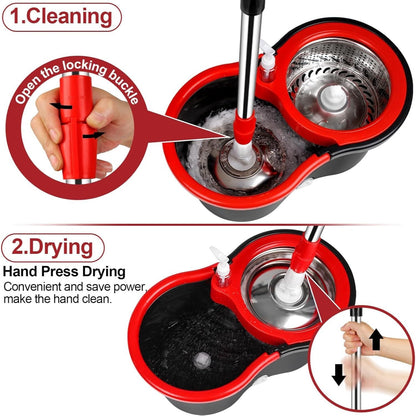 360 Spin Mop and Bucket with Wringer Set, Spinning Mop Bucket System with 4 Microfiber Replacement Mop Heads, Stainless Steel Adjustable Handle, Floor Cleaning Mop for Hardwood Tile Laminate