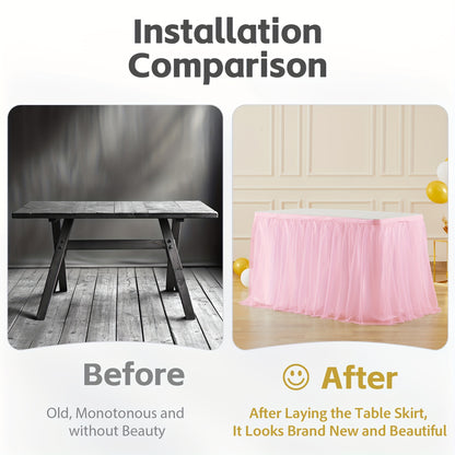Tulle Table Skirt 6Ft Ruffle Tutu Tablecloth for Rectangle & Round Tables, Princess Birthday Party Cake Dessert Table Decoration, Easy Hook Install, 10 Colors – Pink White Black & More
