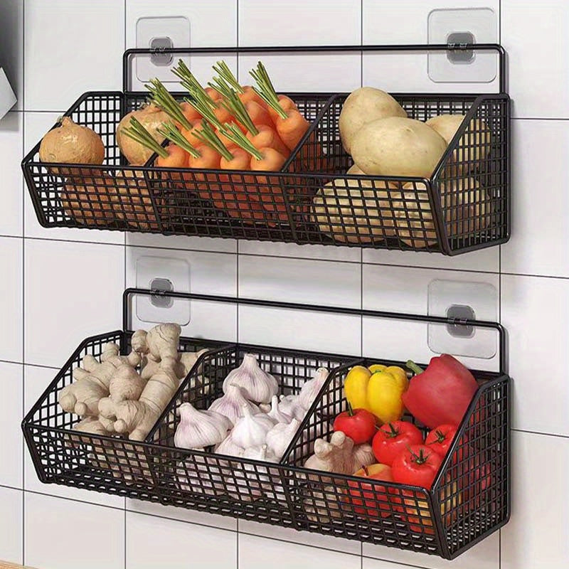 Kitchen Wall Organizer Wire Storage Shelf – No Drill Traceless Wall Rack for Garlic, Onions, Vegetables & Spices, 2 or 3 Grid Space-Saving Compact Kitchen Storage, Black