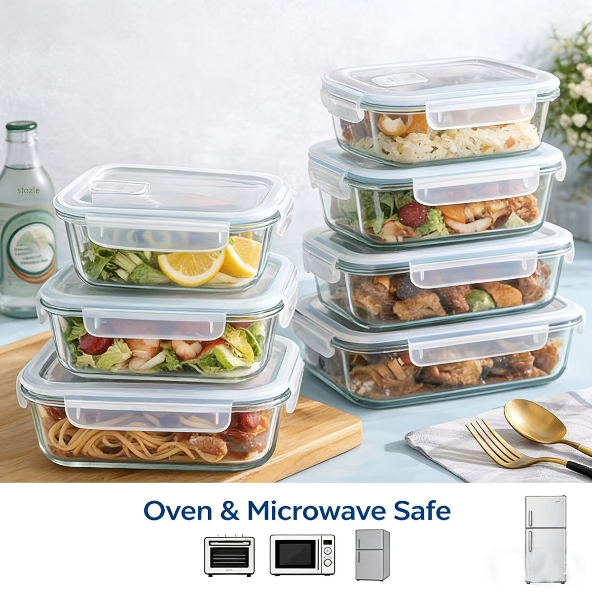 Glass Food Storage Containers Set 16 Piece – Airtight Borosilicate Glass Meal Prep Containers with Lids, Microwave Oven Safe, Lunch Box for Salads Fruits Vegetables, Gray Green Blue Colorful