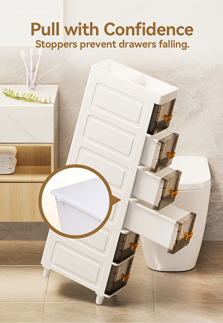 Slim Storage Cabinet with Drawers 3 4 5 6 Tier, Waterproof PP Plastic Drawer Organizer Unit for Bathroom Kitchen Bedroom, Narrow Rolling Storage Cart with Wheels for Small Spaces