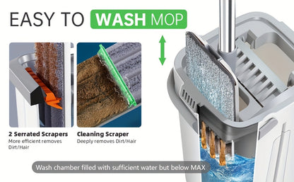 Hands-Free Flat Mop and Bucket Set with 5 Microfiber Pads – Self-Wringing Floor Mop for Hardwood, Tile & Laminate, Bedroom Kitchen Bathroom Living Room Cleaning Kit