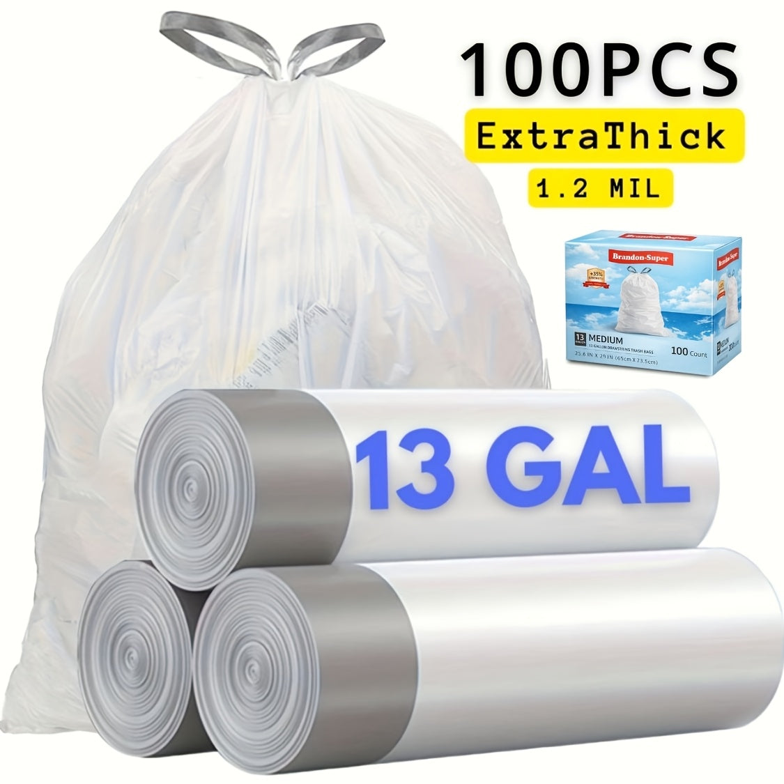 Bulk Drawstring Trash Bags 13 Gallon Extra Thick Heavy Duty Leak-Proof Kitchen Garbage Bags with Drawstring Closure – Commercial Grade Tear-Resistant Liners 100 or 200 Count Value Pack