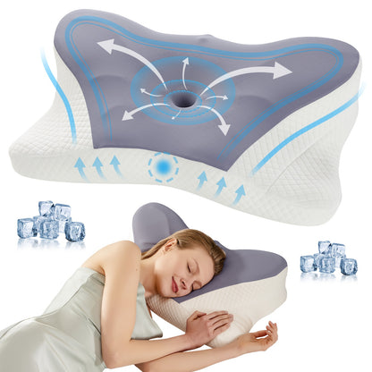 Cervical Neck Pillow Memory Foam Ergonomic Contour for Side Back Stomach Sleepers - Orthopedic Neck Support with Cooling Pillowcase, Grey White King Standard 2-Pack