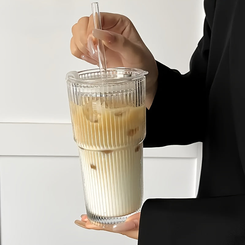 Vintage Striped Drinking Glasses with Glass Straws 19oz Borosilicate - Iced Coffee Cups Juice Glasses for Family Party - Thickened High Borosilicate Glass Tumbler Set of 2 or 4