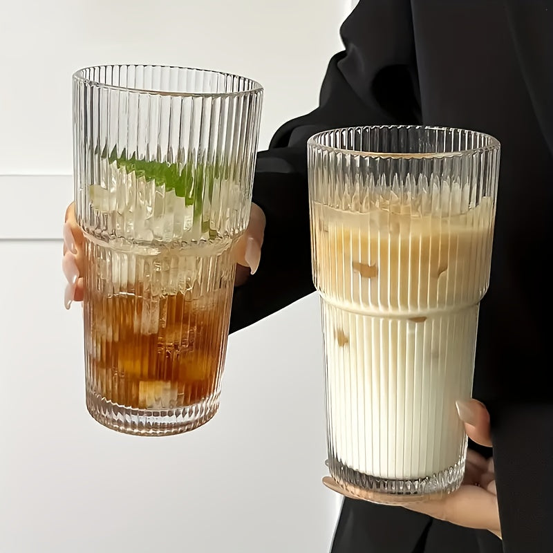 Vintage Striped Drinking Glasses with Glass Straws 19oz Borosilicate - Iced Coffee Cups Juice Glasses for Family Party - Thickened High Borosilicate Glass Tumbler Set of 2 or 4