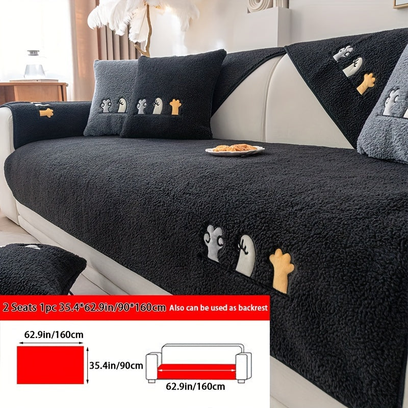 Sofa Cover Plush Shearling Non-Slip Pet-Friendly – Thick Couch Protector with Animal Bone Embroidery for 2 3 4 Seater, Soft Warm Slipcover for Living Room Bedroom Office in Dark Gray Off White Coffee Black