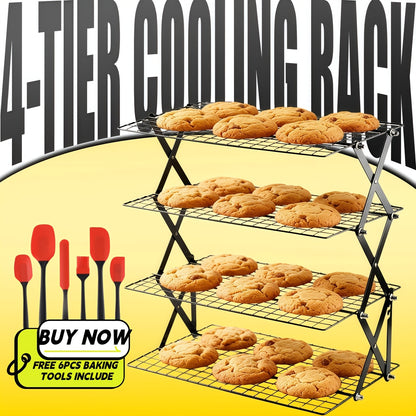 Collapsible Baking Cooling Rack 3 or 4 Tier – Stackable Metal Wire Rack for Baking Trays with Adjustable Settings, Baking Tools Set & Camping Grill for Cooking, Cooling & Cake Drying