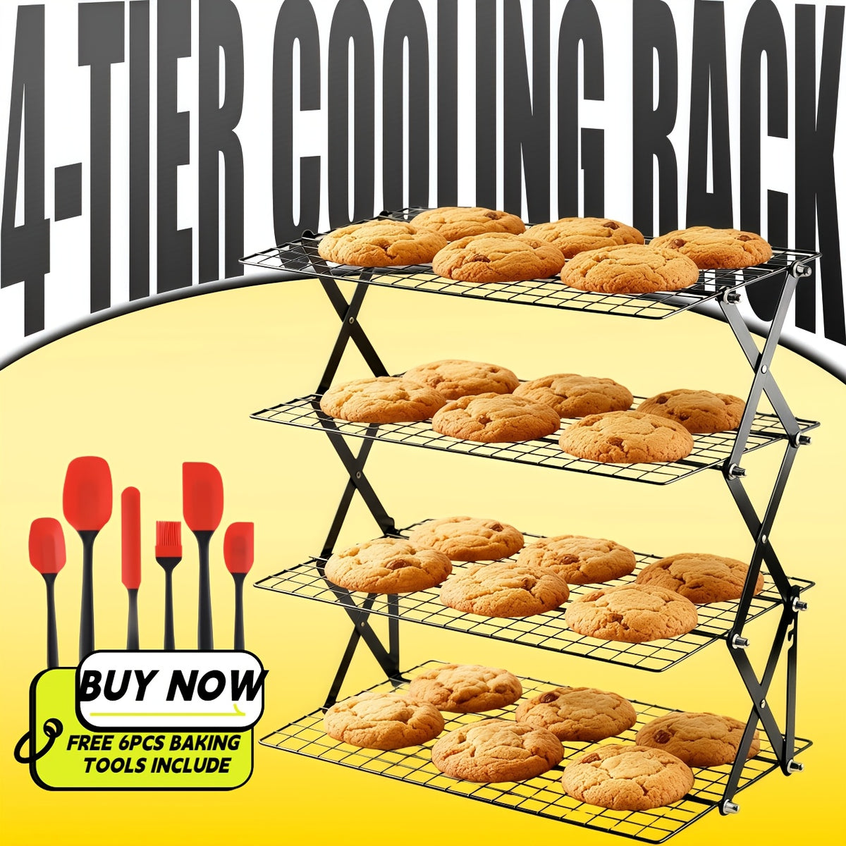 Collapsible Baking Cooling Rack 3 or 4 Tier – Stackable Metal Wire Rack for Baking Trays with Adjustable Settings, Baking Tools Set & Camping Grill for Cooking, Cooling & Cake Drying