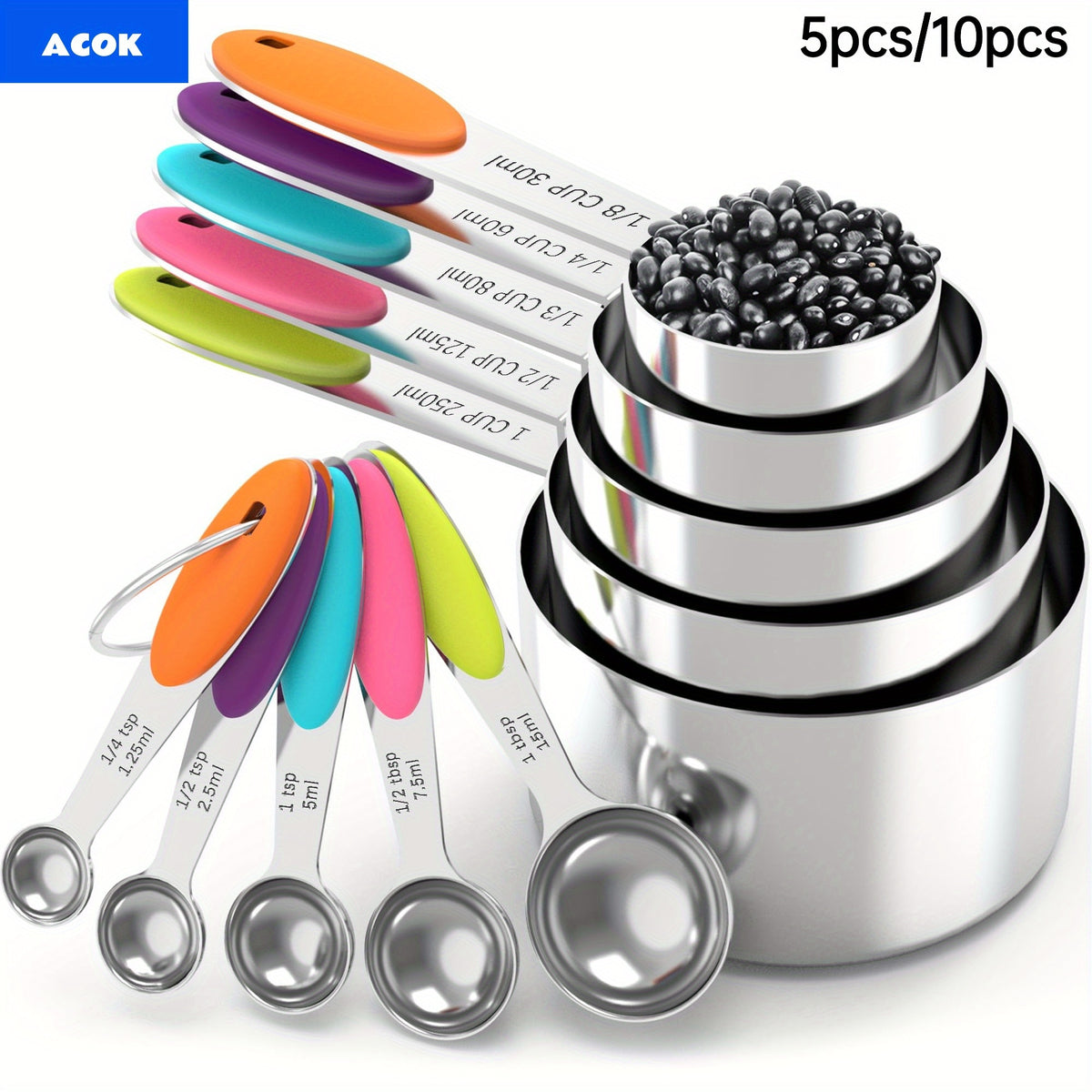 Measuring Cups and Spoons Set Stainless Steel with Silicone Handle – 5pcs Spoon Set or 10pcs Cup & Spoon Set, Precise Baking Tools for Cooking & Christmas Baking