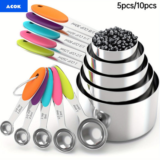 Stainless Steel Measuring Cups and Spoons Set with Silicone Handle, Precise Baking and Cooking Measurement Tools, 5-Piece Measuring Spoon Set or 10-Piece Complete Set