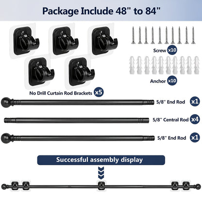 No Drill Curtain Rod with Adhesive Brackets – 5/8 Inch Diameter Tension Drapery Pole, No Hole Wall Damage, 2-Pack Black, Fits Windows 30 to 120 Inches