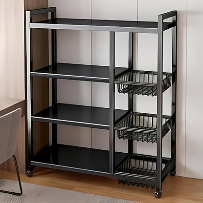 4-Tier Rolling Storage Rack with 3 Wire Baskets – Adjustable Metal Shelf on Wheels for Kitchen, Pantry, Garage, Bathroom & Closet | Movable Standing Organizer Shelf, Housewarming Gift