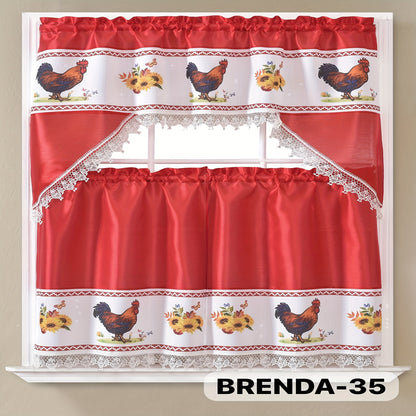 Kitchen Curtains Set 3 Piece with Embroidery – Satin Fabric Valance and Tier Curtains for Kitchen Windows, 49 Colors, Light Filtering, Rod Pocket, Machine Washable