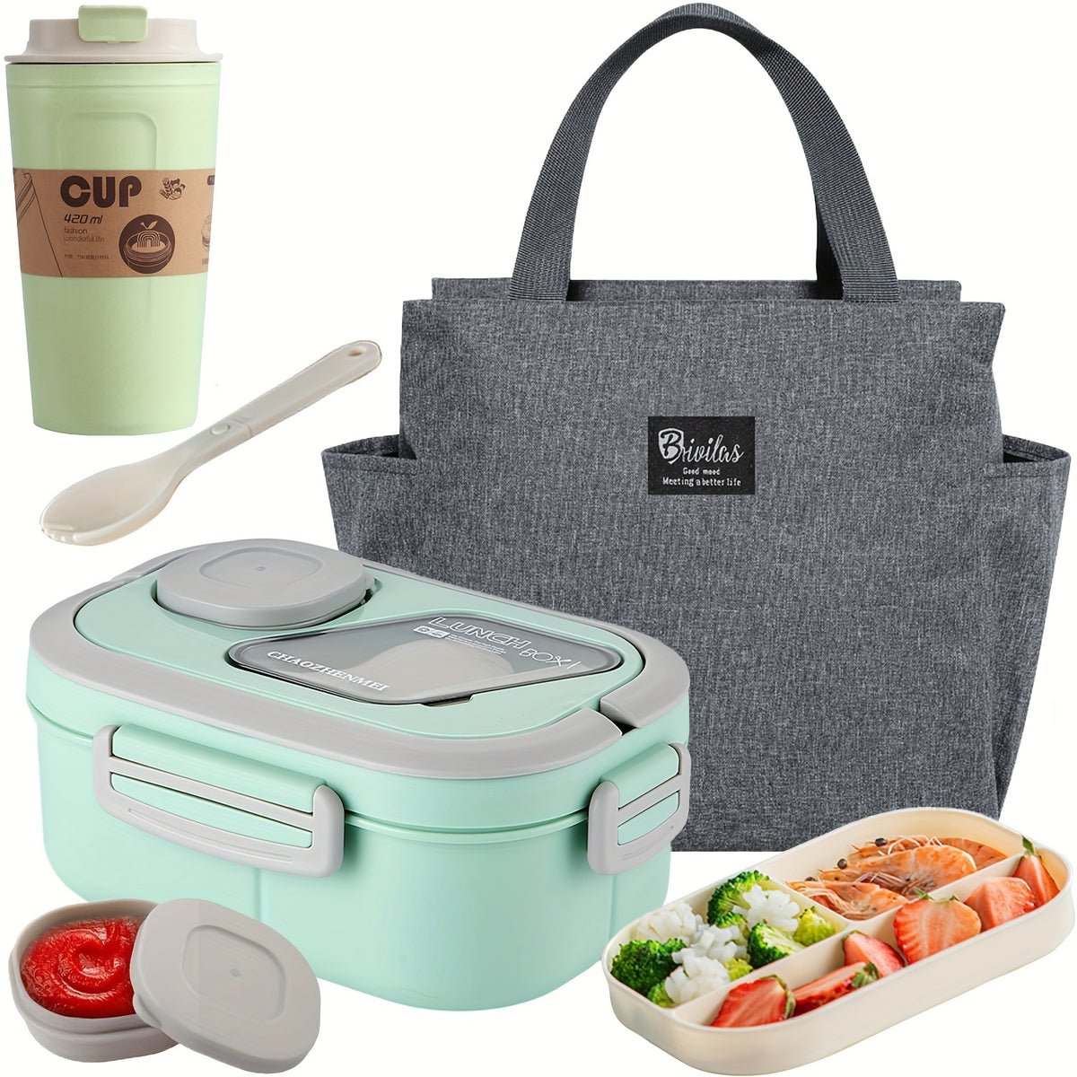 Bento Lunch Box Set with Bag and Cup, 2-Layer Multi-Compartment Meal Prep Container for School Office Picnic, Leakproof Food Storage Box with Insulated Lunch Bag, Pink Blue Green White