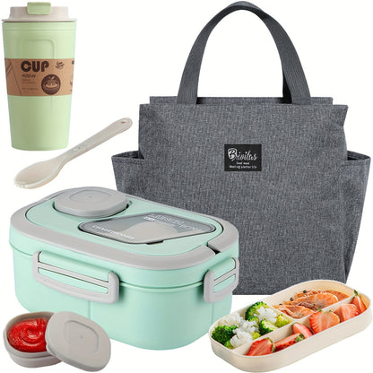 Bento Lunch Box Set with Bag and Cup, 2-Layer Multi-Compartment Meal Prep Container for School Office Picnic, Leakproof Food Storage Box with Insulated Lunch Bag, Pink Blue Green White