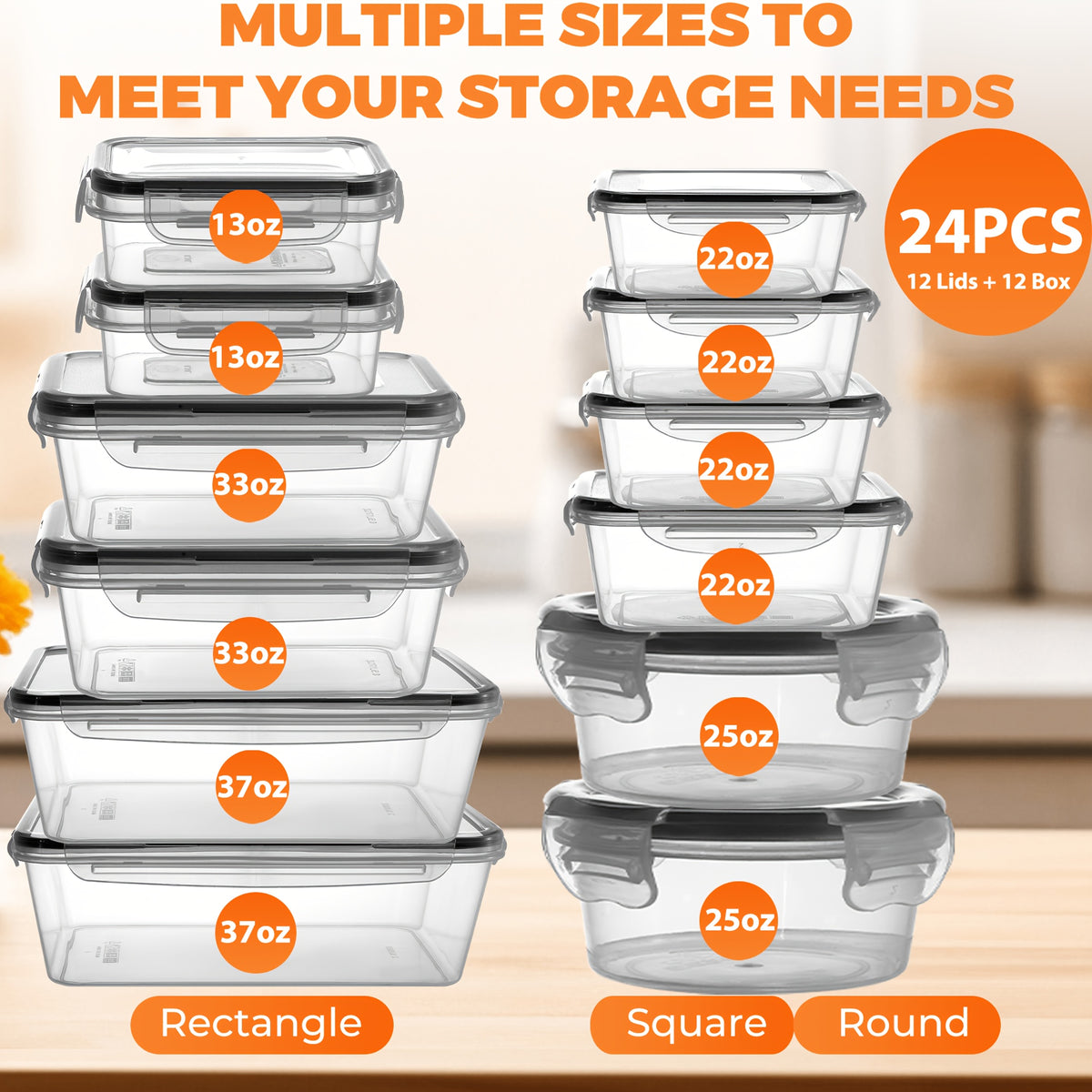 Food Storage Container Set BPA-Free with Airtight Snap Lids – Stackable Meal Prep Containers, Microwave & Dishwasher Safe, Leak-Proof Kitchen Pantry Organizer with Labels & Marker – 24, 48 or 50 Piece