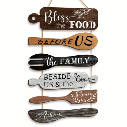 Farmhouse Kitchen Wall Decor Wood Sign Set – Bless The Food Before Us Rustic Dining Room Hanging Wall Art Rope Plaque, 6 Pieces Wood Board