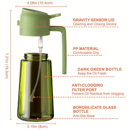 Glass Olive Oil Dispenser Bottle 2 Pack 16oz, 2-in-1 Oil Bottle and Cooking Oil Sprayer for Kitchen BBQ Salad, Premium Dark Green Black Glass Oil Dispenser with 6 Labels