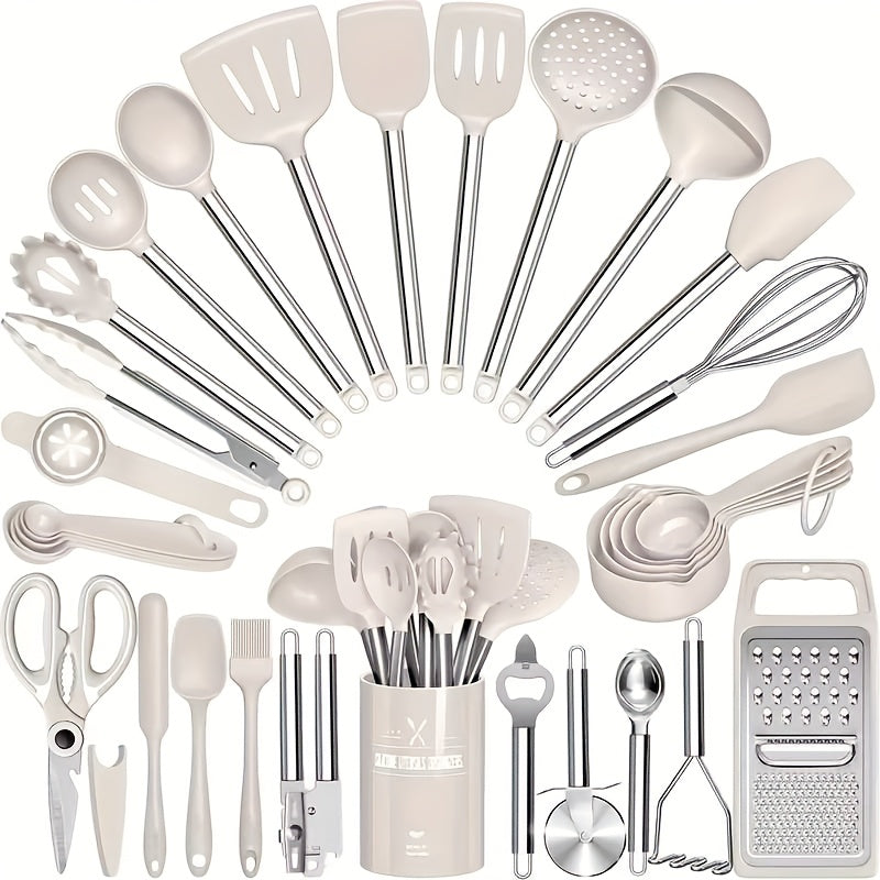 Silicone Kitchen Utensils Set 34 Piece – Heat-Resistant Cooking Tools with Stainless Steel Handles, Non-Scratch for Nonstick Cookware, Spatulas, Spoons, Tongs & More, Perfect for Home Chef & Gifting