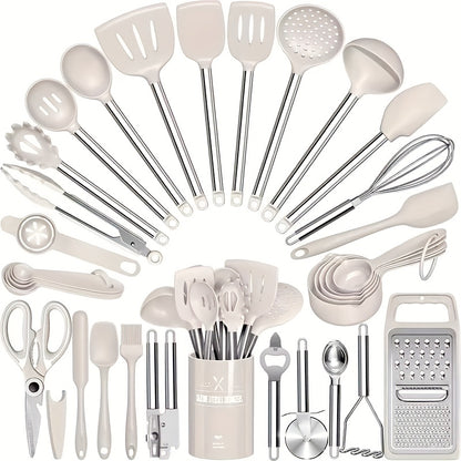 Silicone Kitchen Utensils Set 34 Piece – Heat-Resistant Cooking Tools with Stainless Steel Handles, Non-Scratch for Nonstick Cookware, Spatulas, Spoons, Tongs & More, Perfect for Home Chef & Gifting