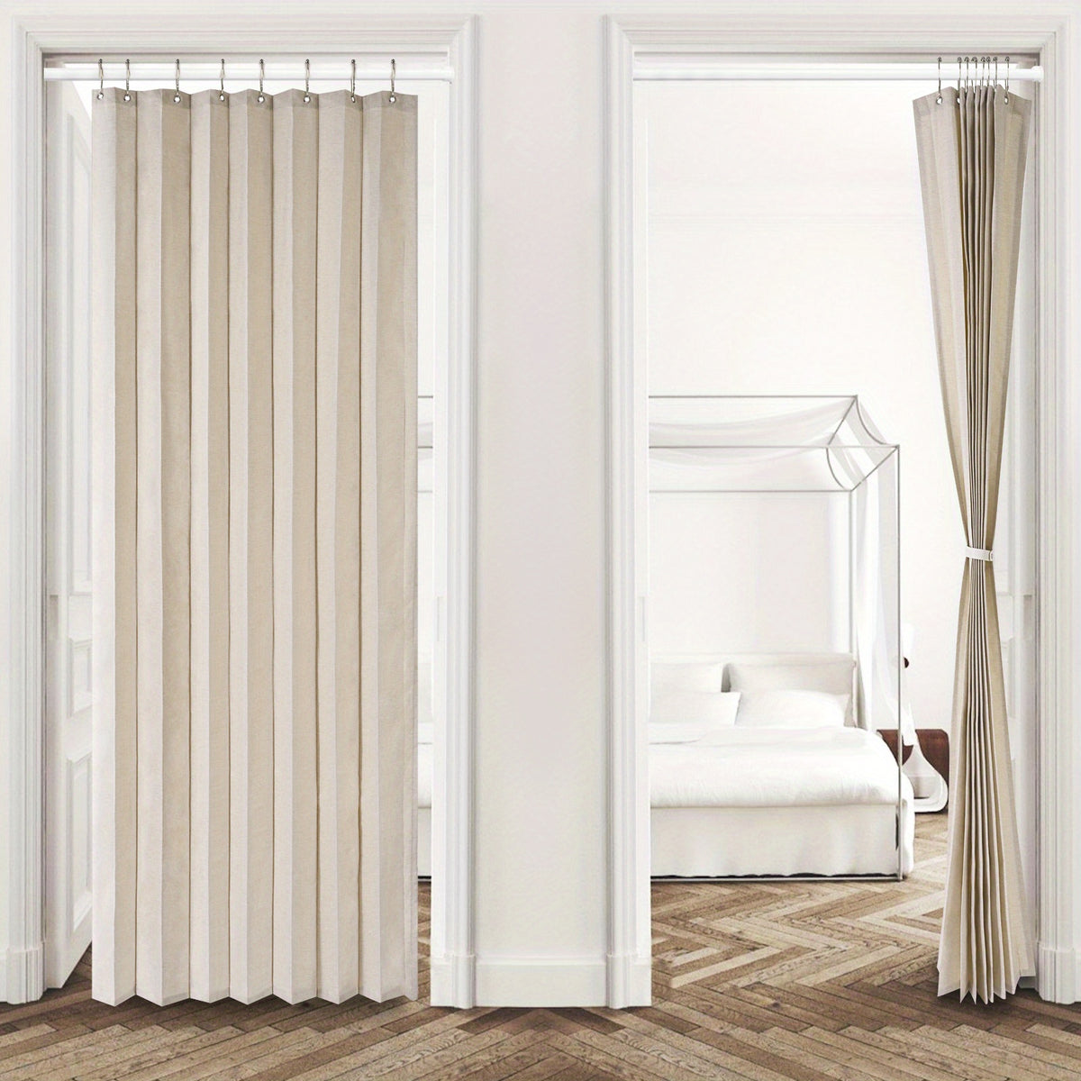 Waterproof Foldable Door Curtain No Rod Required - Privacy Partition Curtain with Hook Attachment for Bathroom Bedroom Living Room All Season Indoor Use, Easy Install Space Divider