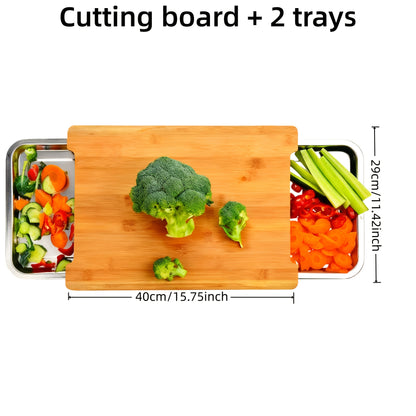 Bamboo Cutting Board with Trays and Drawers, Large Chopping Board with Food Sliding Opening and Stackable Airtight Containers for Food Storage Transport and Cleanup, Kitchen Gift for Home Cooks
