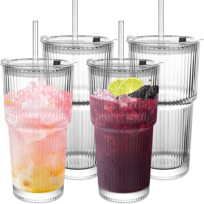 Vintage Striped Drinking Glasses with Glass Straws 19oz Borosilicate - Iced Coffee Cups Juice Glasses for Family Party - Thickened High Borosilicate Glass Tumbler Set of 2 or 4