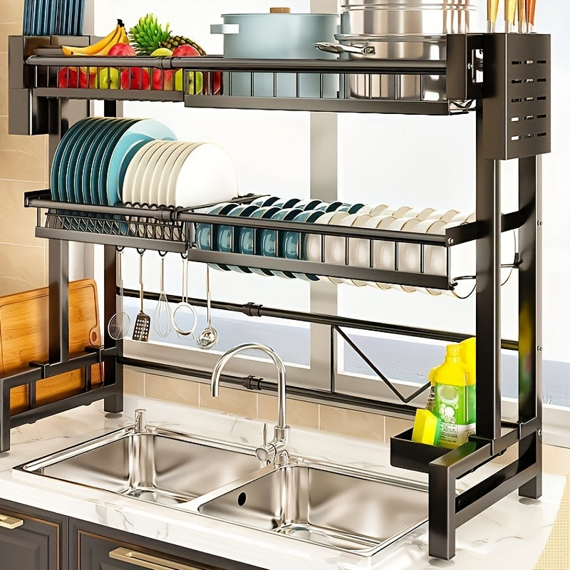 Over Sink Dish Drying Rack 2 Tier Expandable - 304 Stainless Steel Kitchen Dish Rack with Drainage Tray Utensil Holder Knife Holder Cutting Board Holder, Adjustable 30-34 Inch Black