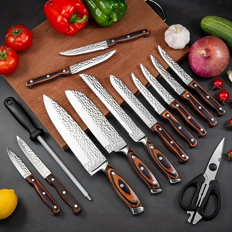 Knife Block Set with Self Sharpener 15pcs Hammered Stainless Steel Chef Knife Set with Wooden Block Steak Knives Self Sharpening Kitchen Knives Gift for Men Family