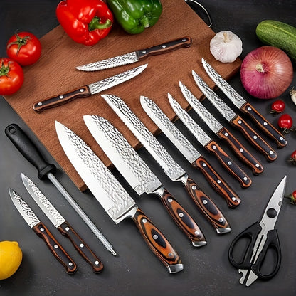Knife Block Set with Self Sharpener 15pcs Hammered Stainless Steel Chef Knife Set with Wooden Block Steak Knives Self Sharpening Kitchen Knives Gift for Men Family