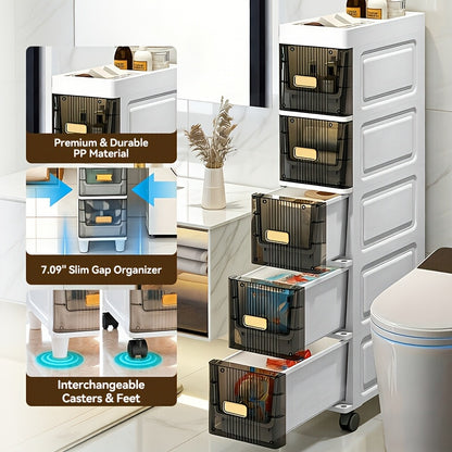 Slim Storage Cabinet with Drawers 3 4 5 6 Tier, Waterproof PP Plastic Drawer Organizer Unit for Bathroom Kitchen Bedroom, Narrow Rolling Storage Cart with Wheels for Small Spaces
