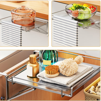 Over Cabinet Door Organizer Foldable Stainless Steel Countertop Storage Rack Kitchen Bathroom Hanging Shelf Space-Saving No-Drill Multi-Use Rack Silvery Black