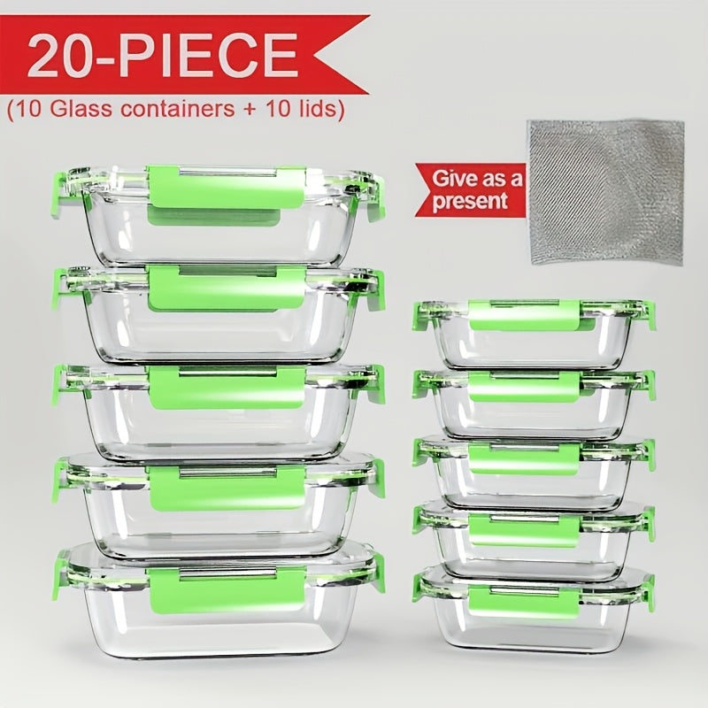 Glass Food Storage Containers 20-Piece Set 10 Containers + 10 Airtight Lids Stackable Meal Prep Containers, Oven Microwave Refrigerator & Dishwasher Safe – Space-Saving Kitchen Organization