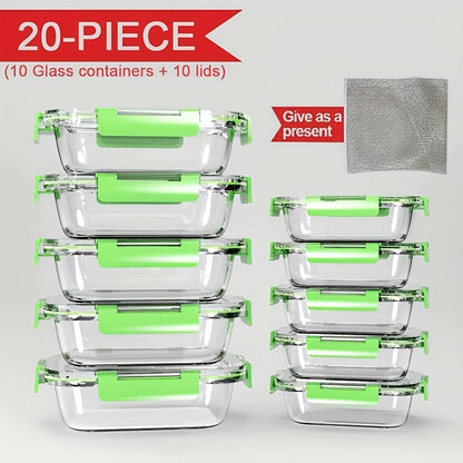 Glass Food Storage Containers 20-Piece Set 10 Containers + 10 Airtight Lids Stackable Meal Prep Containers, Oven Microwave Refrigerator & Dishwasher Safe – Space-Saving Kitchen Organization