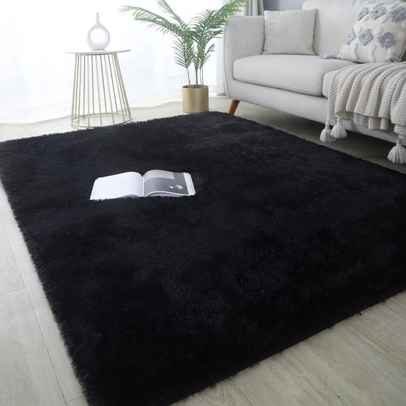 Machine Washable Shaggy Area Rug 650GSM Thick Plush – Soft Fluffy Carpet for Living Room Bedroom Playroom, Jacquard Tie-Dye & Solid Colors, 5x8 6x9 8x10 Ft, Black Grey White Pink Blue