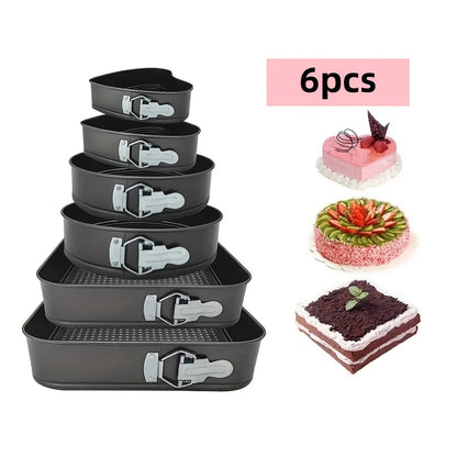 Removable Bottom Cake Pan Set 6 Piece – Carbon Steel Springform Baking Pans in 3 Shapes Square Round Heart for Chiffon Mousse Cheesecake, Non-Stick Wedding & Birthday Bakeware Set