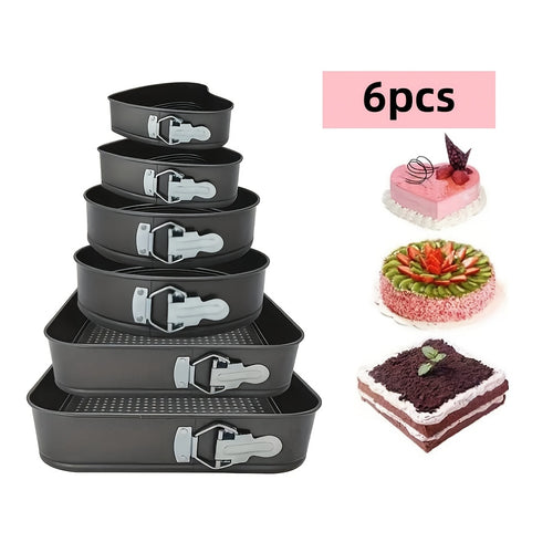 Removable Bottom Cake Pan Set 6 Piece – Carbon Steel Springform Baking Pans in 3 Shapes Square Round Heart for Chiffon Mousse Cheesecake, Non-Stick Wedding & Birthday Bakeware Set