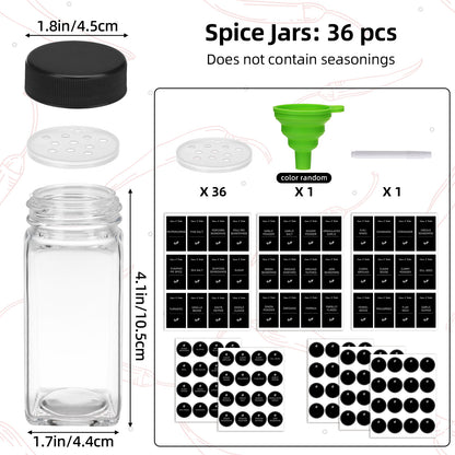 Glass Spice Jars Set with Labels and Shaker Lids, 4oz Square Airtight Seasoning Bottles with Collapsible Funnel Brush and Marker, BPA-Free Kitchen Spice Organizer for Rack Drawer Cabinet, 16/24/36/48 Pack