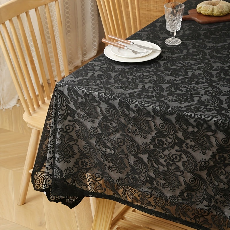 Lace Tablecloth Rectangular Floral Embroidered Wedding Dinner Table Cover - White & Black, Multiple Sizes, Polyester Machine-Made Holiday Home Decor