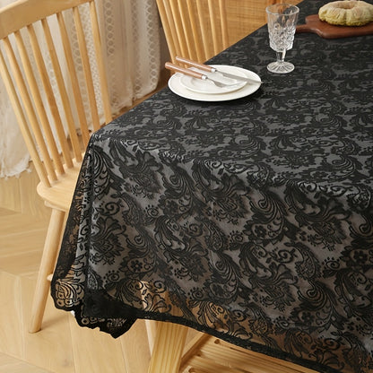 Lace Tablecloth Rectangular Floral Embroidered Wedding Dinner Table Cover - White & Black, Multiple Sizes, Polyester Machine-Made Holiday Home Decor