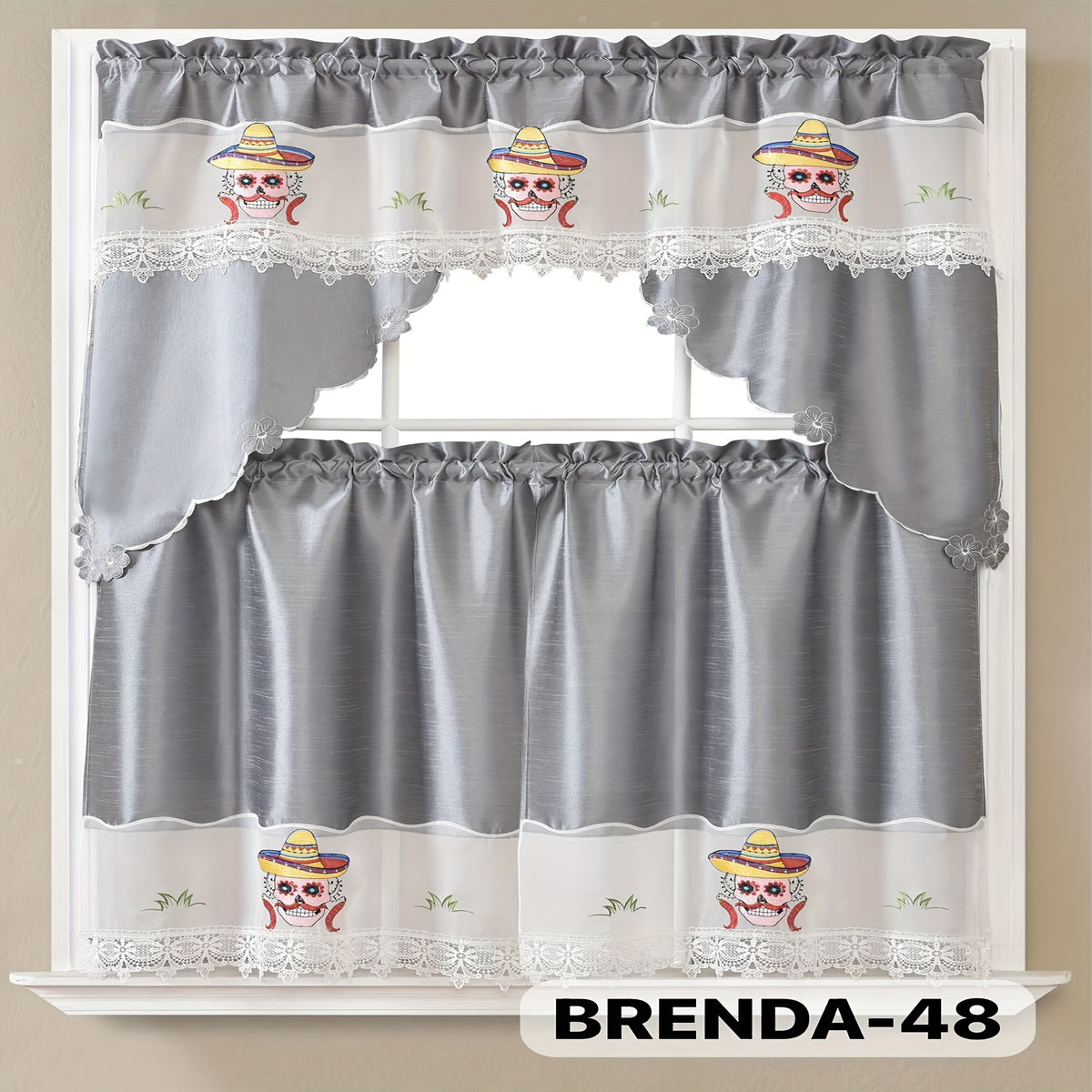 Kitchen Curtains Set 3 Piece with Embroidery – Satin Fabric Valance and Tier Curtains for Kitchen Windows, 49 Colors, Light Filtering, Rod Pocket, Machine Washable