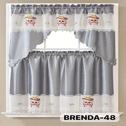 Kitchen Curtains Set 3 Piece with Embroidery – Satin Fabric Valance and Tier Curtains for Kitchen Windows, 49 Colors, Light Filtering, Rod Pocket, Machine Washable