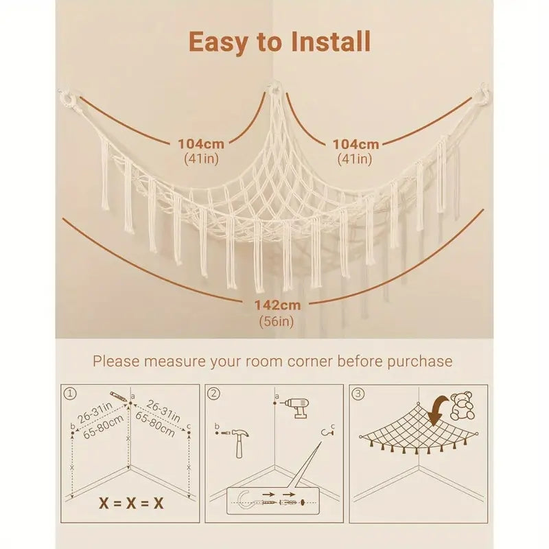 Stuffed Animal Hammock with LED Lights Corner Toy Net Organizer for Kids Bedroom Nursery Plush Toy Storage Hanging Mesh Bag