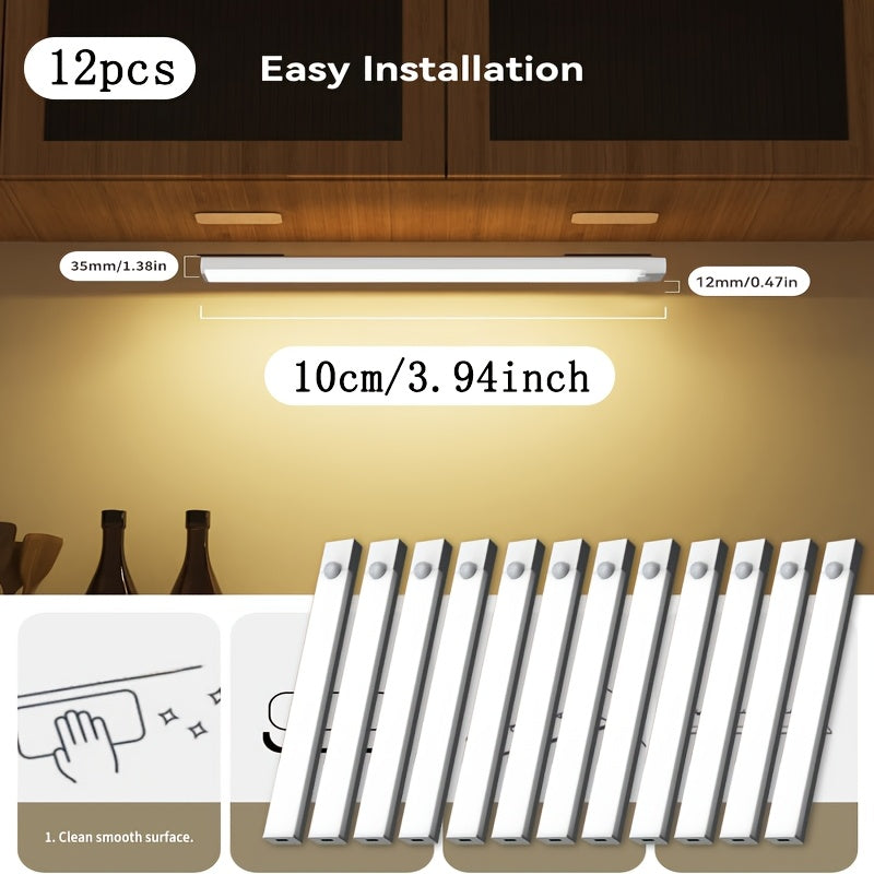 Motion Sensor LED Cabinet Light USB Rechargeable 12-Pack, 12 LED Wireless Night Light 3 Modes Wall Mount for Bedroom, Staircase, Kitchen, Closet & Hallway – 10cm, 20cm or 30cm