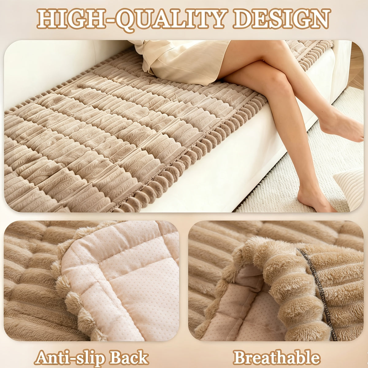 Sofa Cover Plush Velvet - Washable Stretch Couch Cover with Wavy Edge, Soft Shu Velveteen Sofa Protector for 1 2 3 4 Seater, Easy Install Furniture Cover in White Khaki Gray