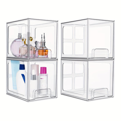 Stackable Storage Drawers 4 Pack Clear Acrylic Makeup Organizer - BPA-Free Bathroom Vanity Countertop Storage Bins for Skincare, Perfume & Cosmetics, Pull-Out Handle, Non-Slip, Multi-Room Use